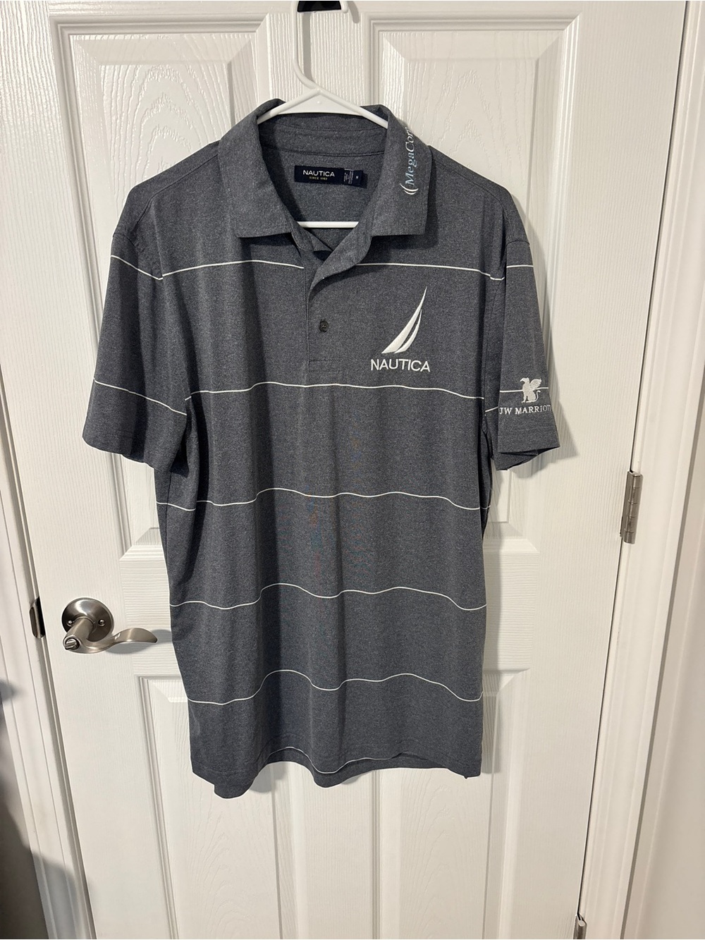 Nautica Men’s Dark Gray Polo with White Sail Logo and Thin White Stripes